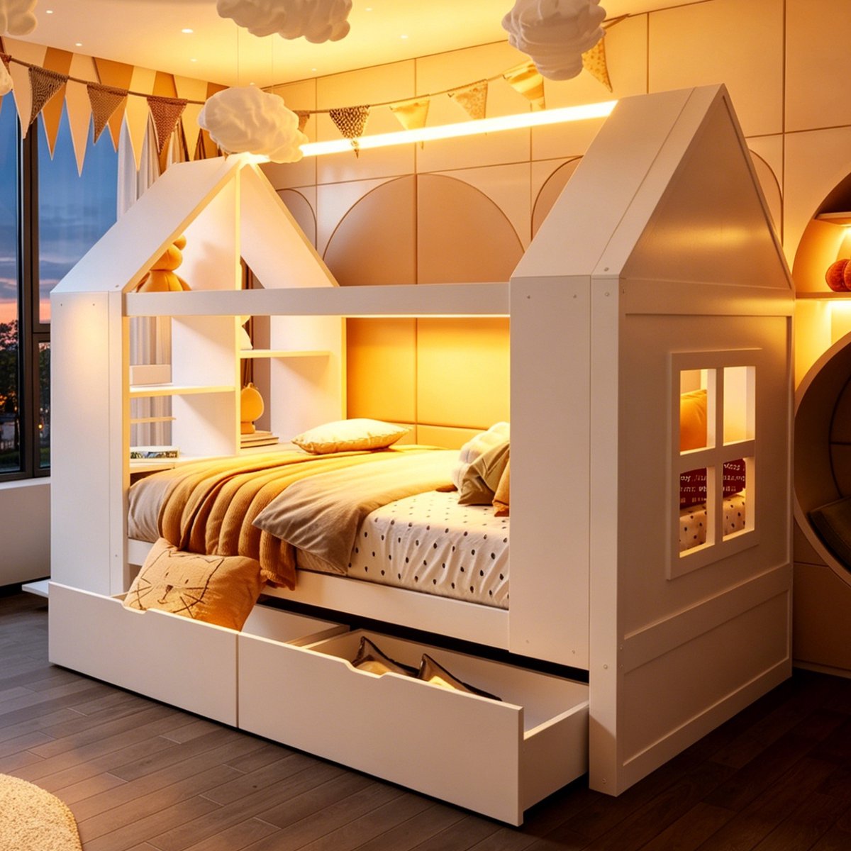 Kinderbed 90*200 cm, Eenpersoonsbed, Huisvormig Ontwerp, Met Twee Lades, Ledverlichting, Opbergruimte, Multifunctioneel Bed, Geschikt Voor Kinderen En Tieners-Wit