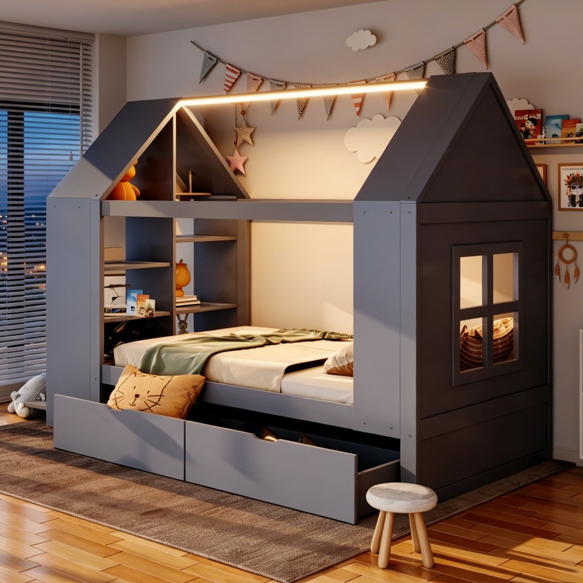 Kinderbed 90*200 cm, Eenpersoonsbed, Huisvormig Ontwerp, Met Twee Lades, Ledverlichting, Opbergruimte, Multifunctioneel Bed, Geschikt Voor Kinderen En Tieners-Grijs