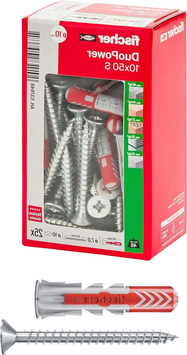 Nylon Pluggen - Wandpluggen Bevestigingsmateriaal - Muurbevestiging - Twee Componenten Technologie - 10 x 50 mm - Grijs/Rood