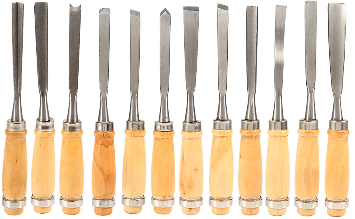 Houtbeitel Set 12 Delig – Houtsnijgereedschap met Houten Handvat – Gutsen en Beitels voor Houtbewerking en DIY