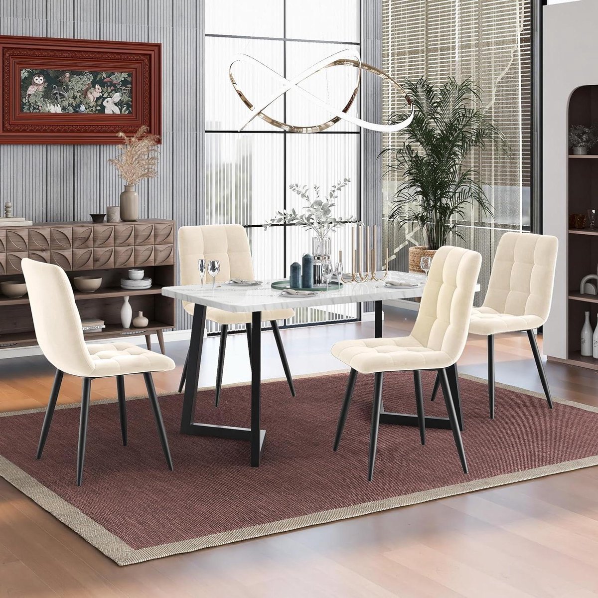 Eetkamerset - Eettafel met stoelen - Gezellig tafelen - Marmerlook tafelblad - 117 x 68 cm - Beige