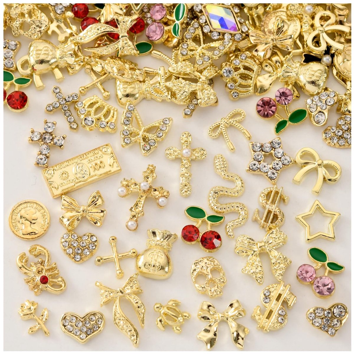 Charms en steen decoraties voor nageldesign, metalen lus, kers, vlinder, kruis, hart, ster en