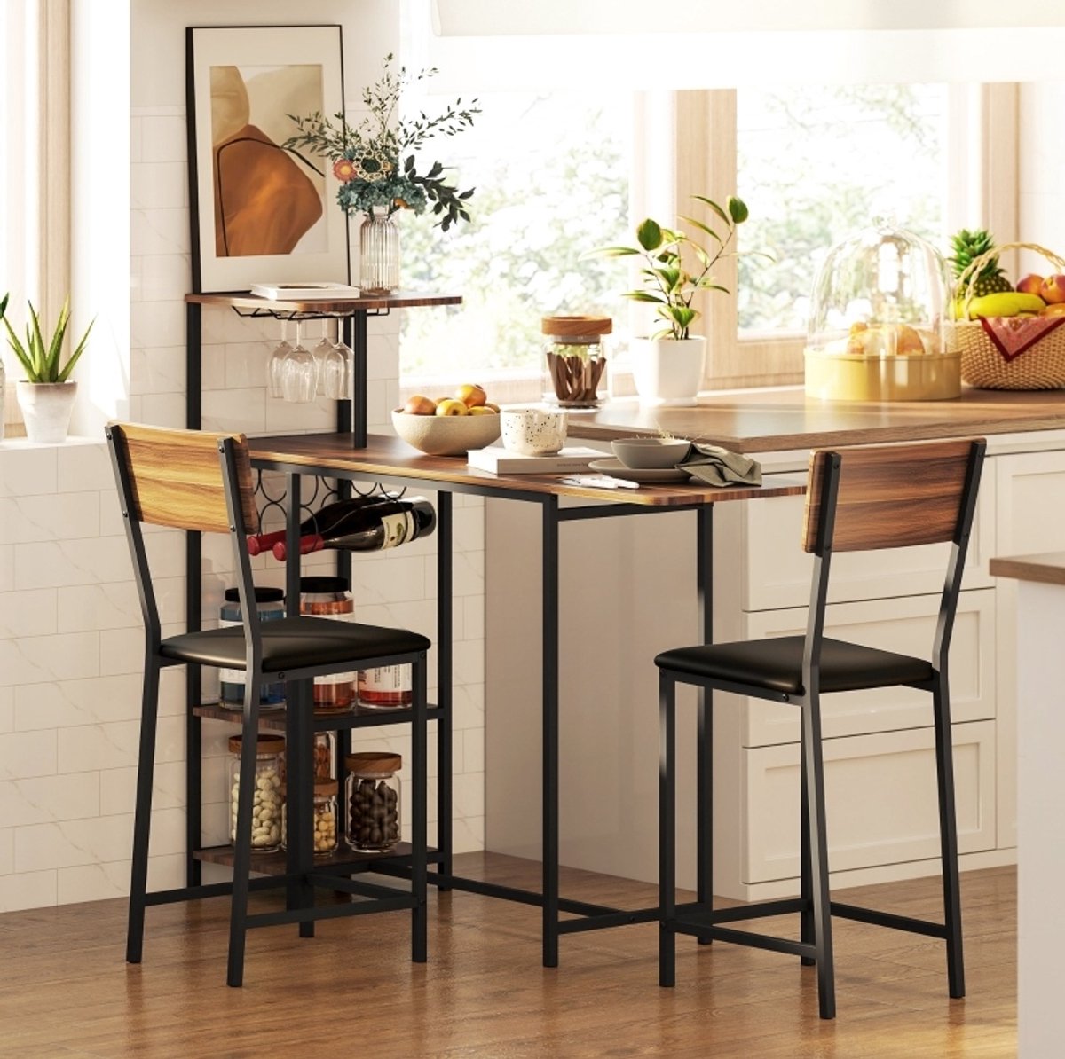 Bartafelset Met Barkrukken - Uitschuifbaar En Ruimtebesparend - Voor Keuken En Eetkamer - Metaal En Hout - Bruin - 140x40x116 Cm