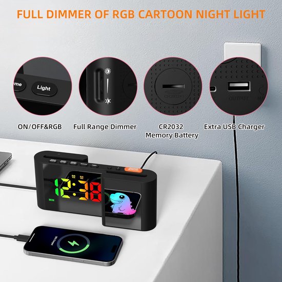 Digitale Wekker - Kinderwekker Nachtlampje - Wakker Worden - RGB Kleurendisplay - 18 x 55 x 8 cm - Zwart — afbeelding 5