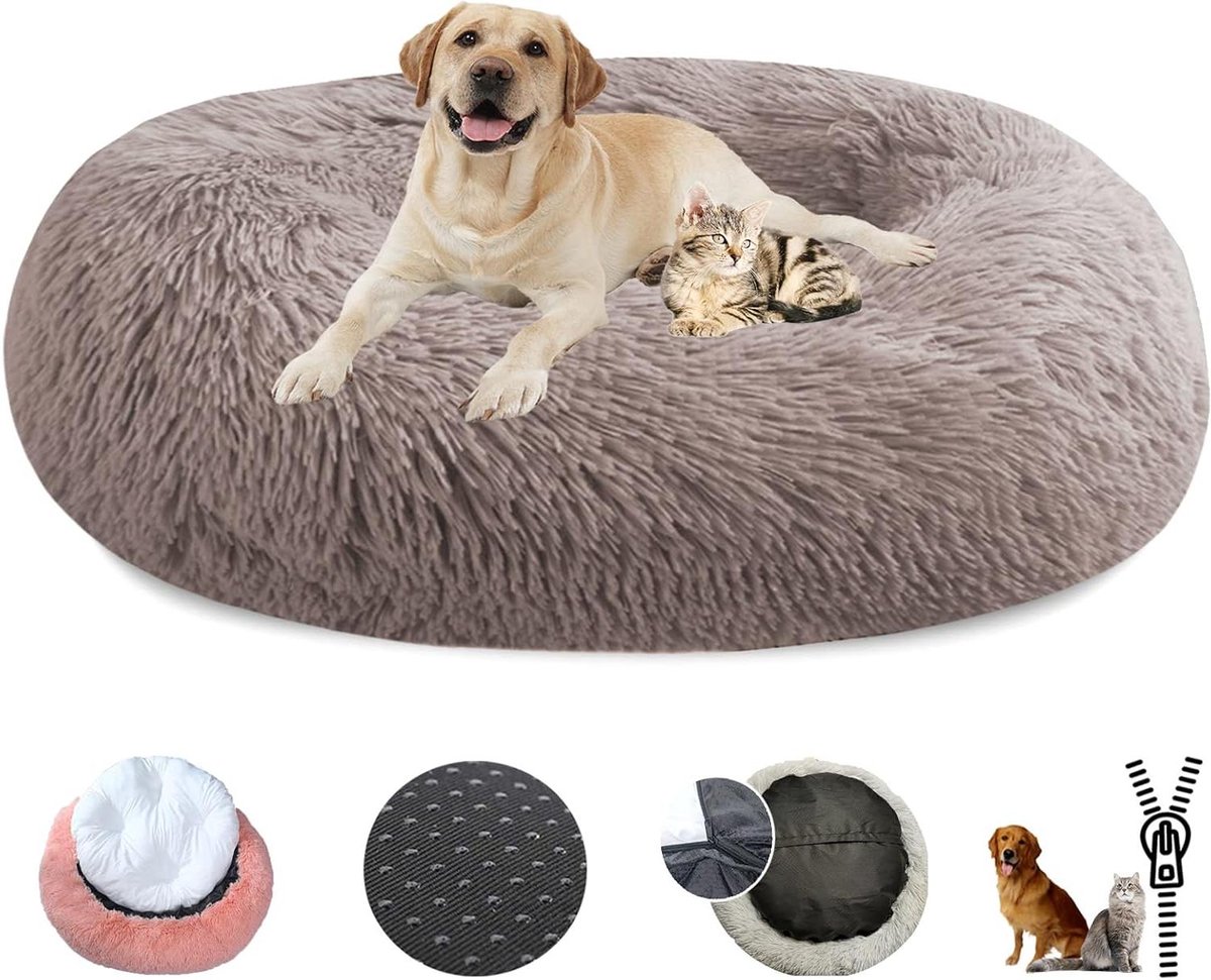 Kalmerend hondenbed - Pluche donut - Comfortabel slapen - Afneembare hoes - Ø50cm - Beige Bruin