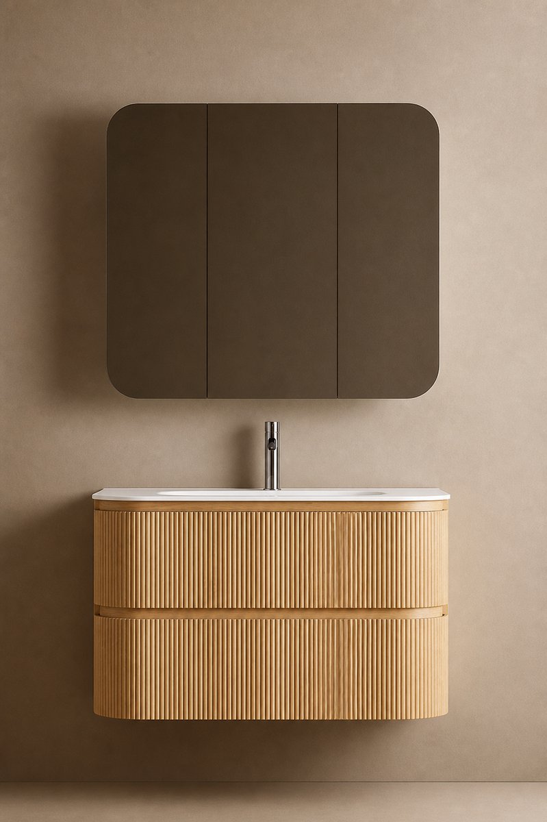 ZIMMER Badkamermeubel Set TWINCURVA III Enkel met Wastafel 100x49x56,5 cm Naturel eik – Soft-Close – Zwevend Badmeubel Compleet