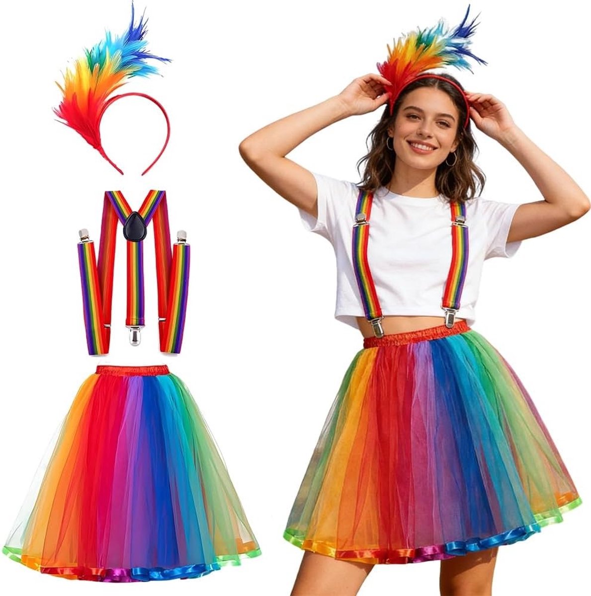 Kleurrijk Tutu Kostuum voor Dames met Hoofdband en Schouderbanden voor Carnaval, Halloween en Feestjes
