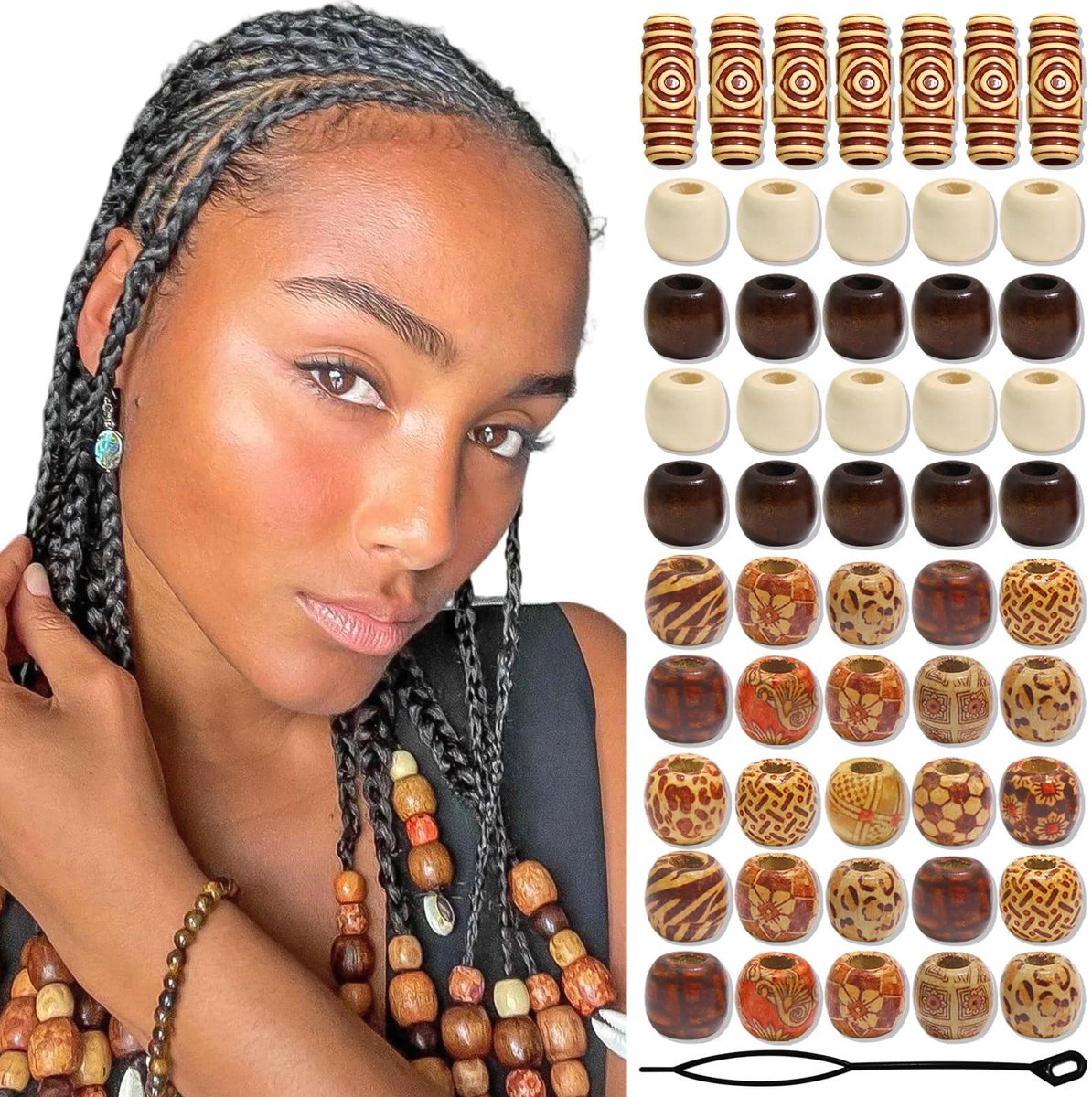 60 stuks vintage ronde natuurlijke houten haarkralen, sierkralen voor haar, veelvormig, voor halsketting, armband, haar, doe-het-zelf handwerk, handgemaakte decoratie