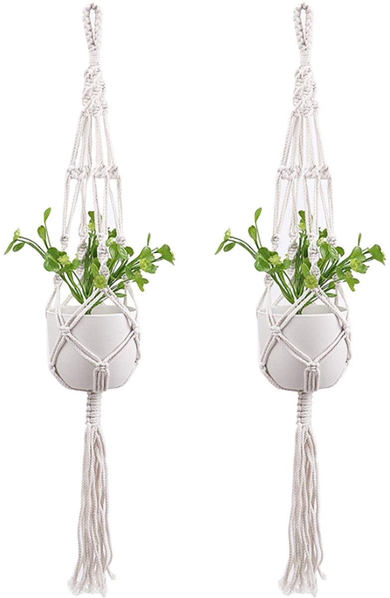 Plantenhangers, katoenen touw, bloempothouder, indoor hangende mand, outdoor, terrashouder, plantendecoratie voor thuis (105 cm)