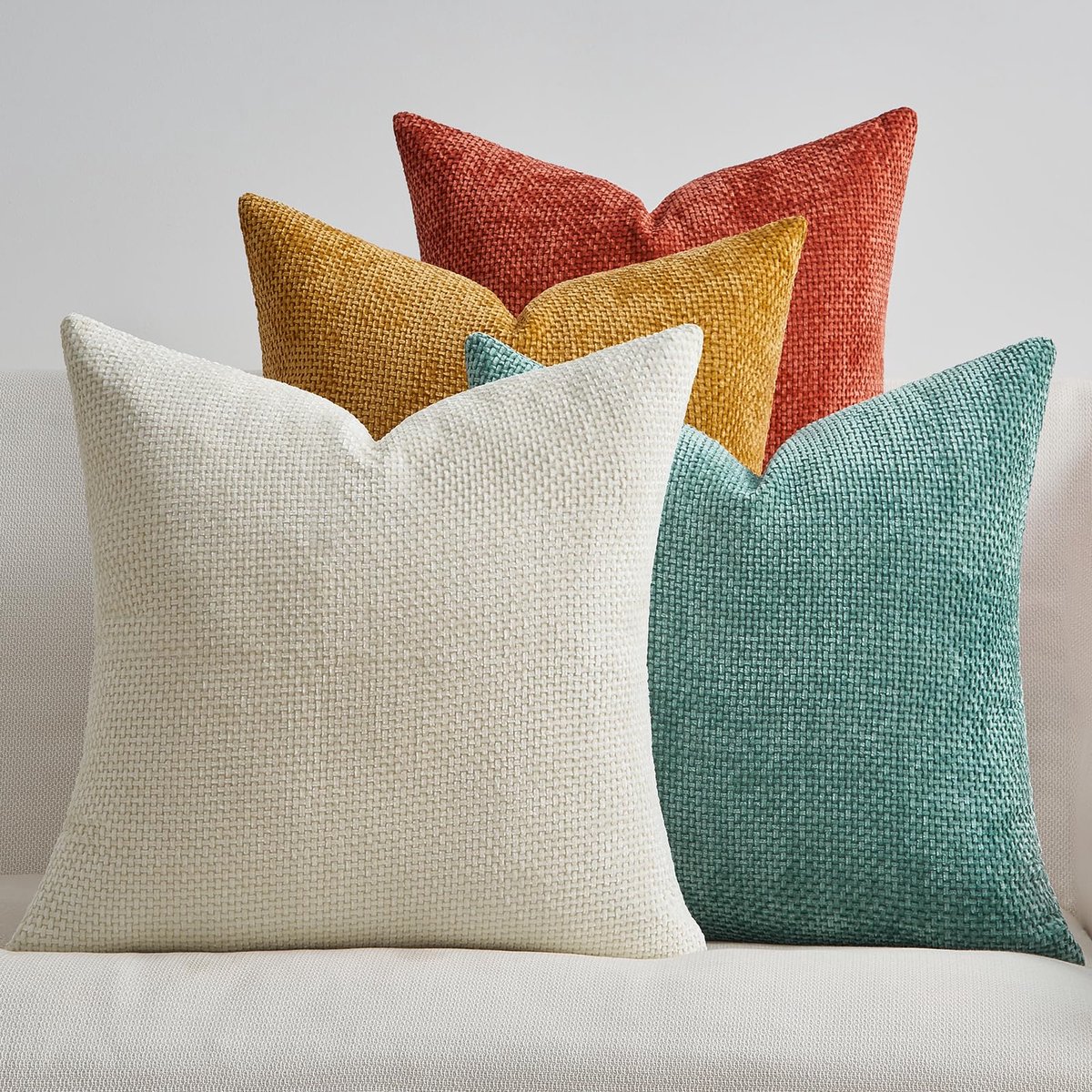 Set van 4 Chenille Kussenslopen 60 x 60 cm, Decoratieve Kussenhoezen, Moderne Bankkussensoop, Kussens, Sierkussen, Woonkamer, Slaapkamer, Oranje-blauw Serie