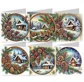 6 Diamond Painting Kerstkaarten - - Dennenappel -15x15cm - Christmas kaarten met enveloppen - Diamond painting complete set