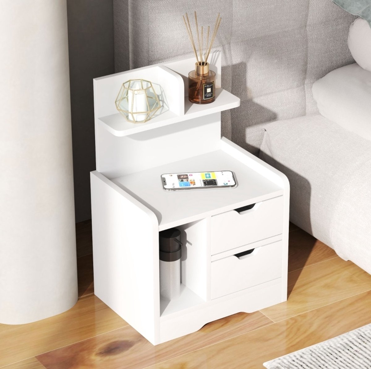 MIVRAY Nachtkastje - Met 2 Laden En Open Opbergvak - Compact Voor Slaapkamer, Woonkamer Of Entree - Houtlook Wit - 40x30x60 Cm