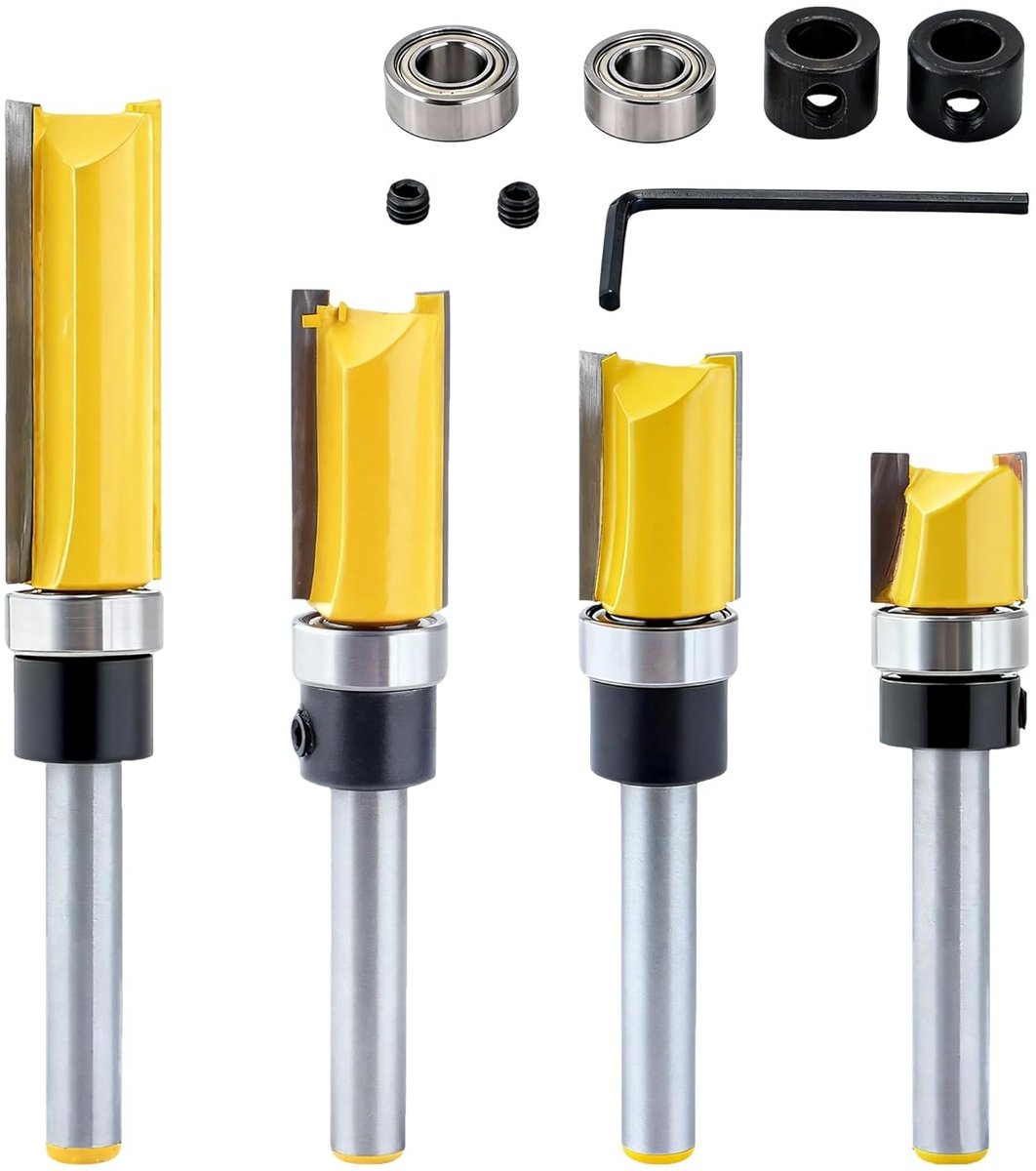 Set van 4 Stuks 1/4 Inch Rechte Freesbits met 2 Lagers voor Houtbewerking - Flush Trim Gereedschap voor Nauwkeurige Afwerking en Bewerking van Hout