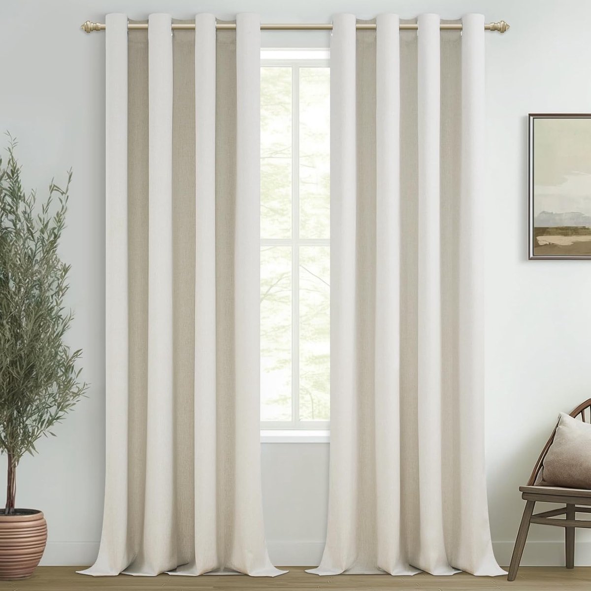 Gordijnen, ondoorzichtig, linnenlook, 100% ondoorzichtig, gordijnen met ingestanste ringen, set van 2, 280 x 140 cm (h x b), thermogordijn, koudebescherming voor slaapkamer en woonkamer
