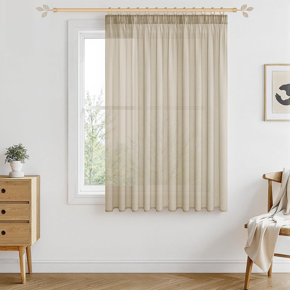 Gordijn woonkamer modern korte beige gordijnen transparant met plooiband 120 x 200 cm (h x b), gordijnen beige kort railsysteem gordijn boho set van 1 gordijn kinderkamer