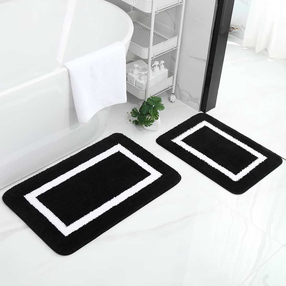 Badkamer tapijt set antislip Badmat set 2-delig Zachte microvezel pluizige badmat Badvoorlegger 2-delig – 40 x 60 cm + 50 x 76 cm, Zwart