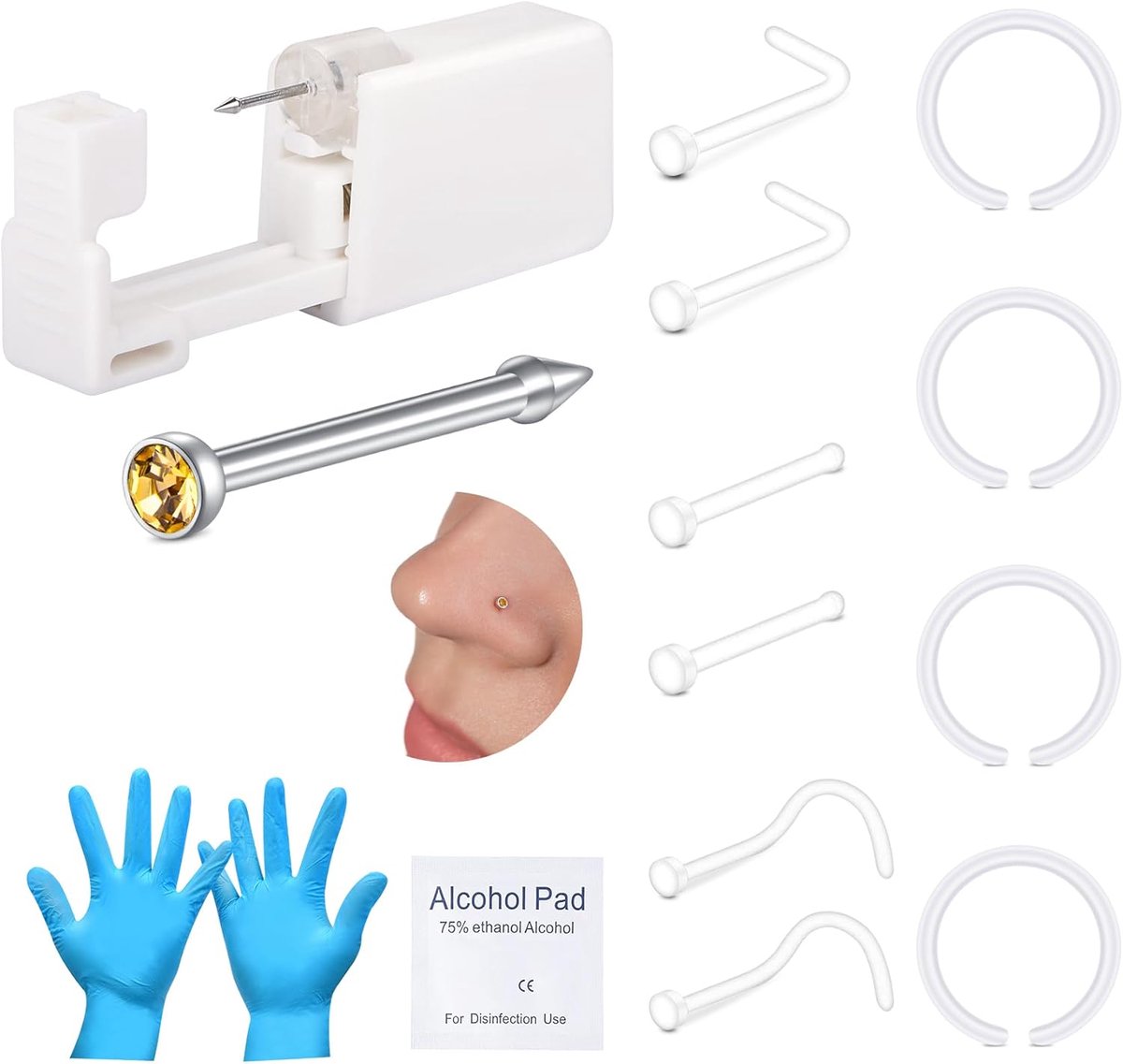 Neuspiercingset, piercingpistool, ingebouwde verscheidenheid aan neusstekers, pijnloze zelfpiercingset met 20G doorzichtige neuspiercingpistool, wegwerppiercingpistool voor thuis neuspiercing
