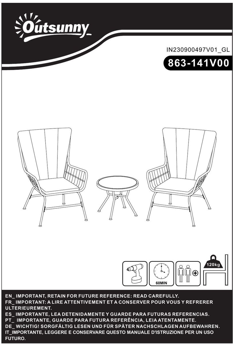YYchan bistroset voor buiten - 2 personen - met kussens - zwart - 78 x 68 x 95 cm