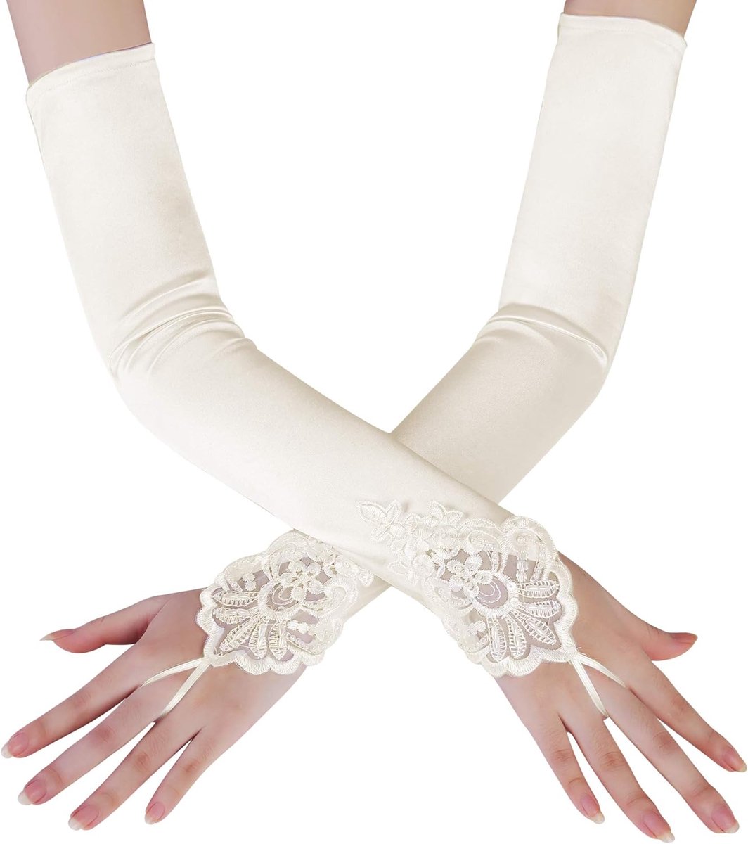Handschoenen, klassieke opera, party, Audrey Hepburn-handschoenen, jaren 20-stijl, elastisch, maat voor volwassenen, elleboog tot pols, ivoor, Eén maat