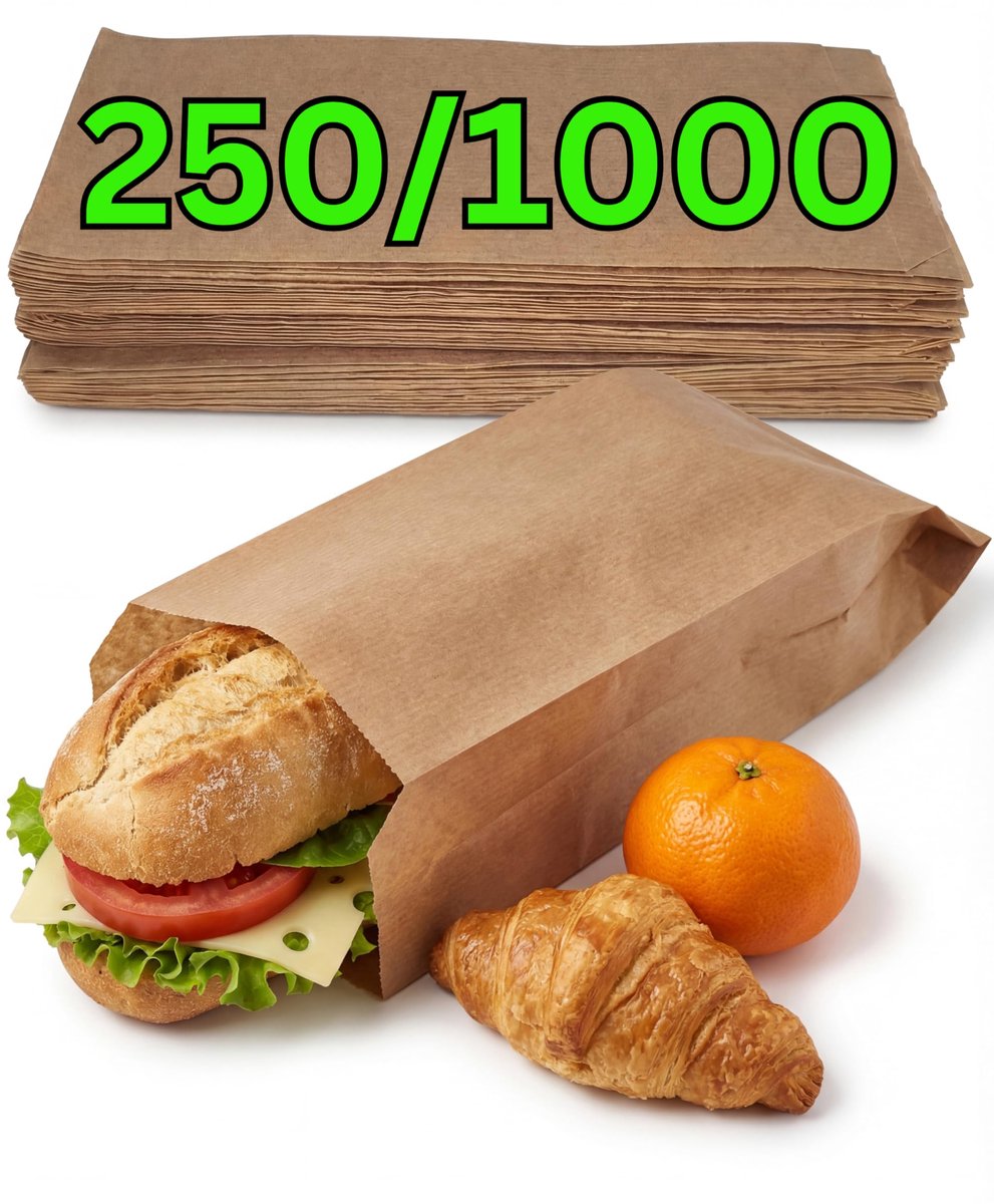 1000 bruine zakjes van kraftpapier, enveloppen, papieren zakken voor snacks, gebak, brood, pasteien, levensmiddelen, snoep, ontbijt, 12 x 5 x 27 cm