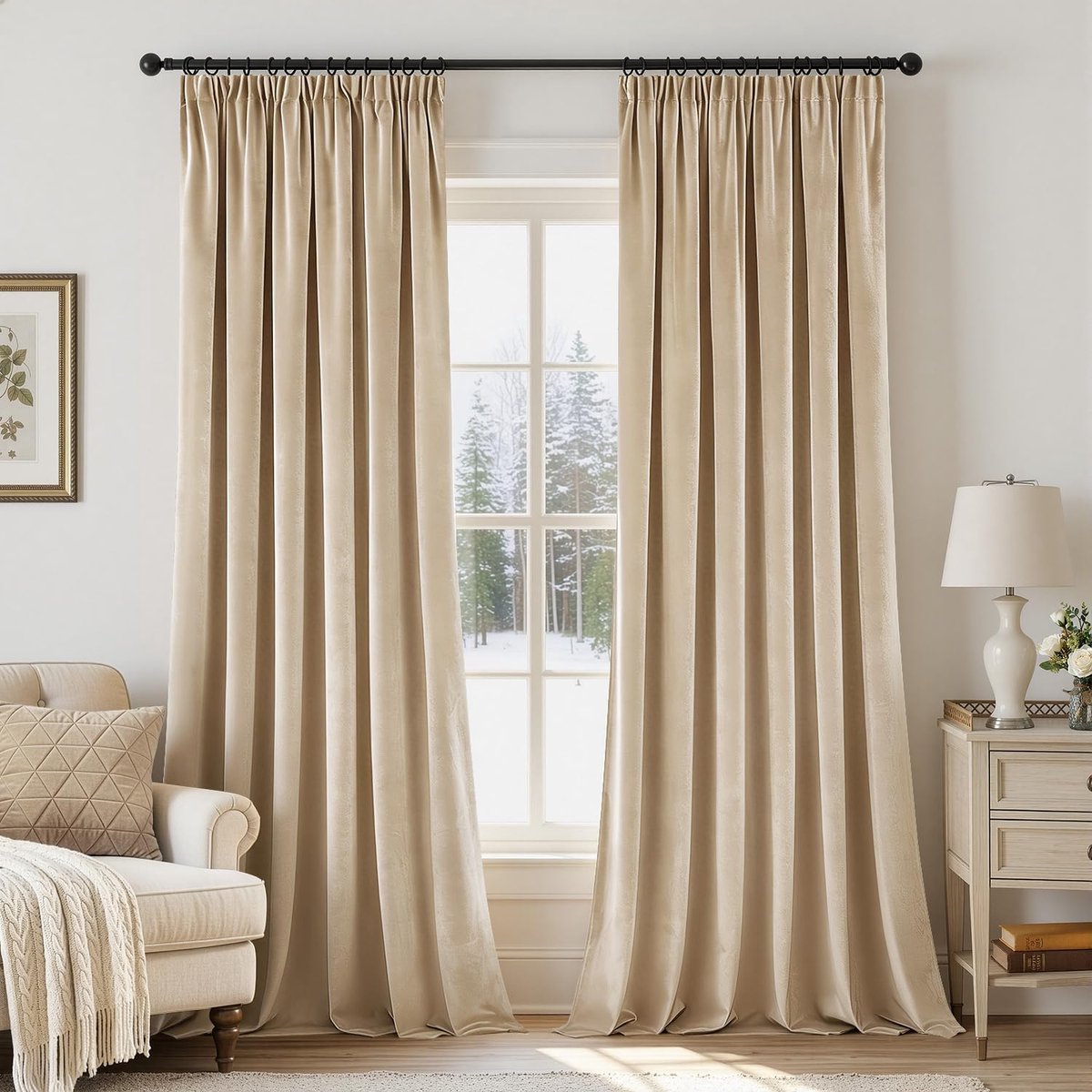 Gordijnen met trekkoord, semi-ondoorzichtig, fluweel, 2 stuks, 140 x 225 cm, moderne gordijnen voor woonkamer en slaapkamer, dik thermisch satijnen gordijn, lichtbeige