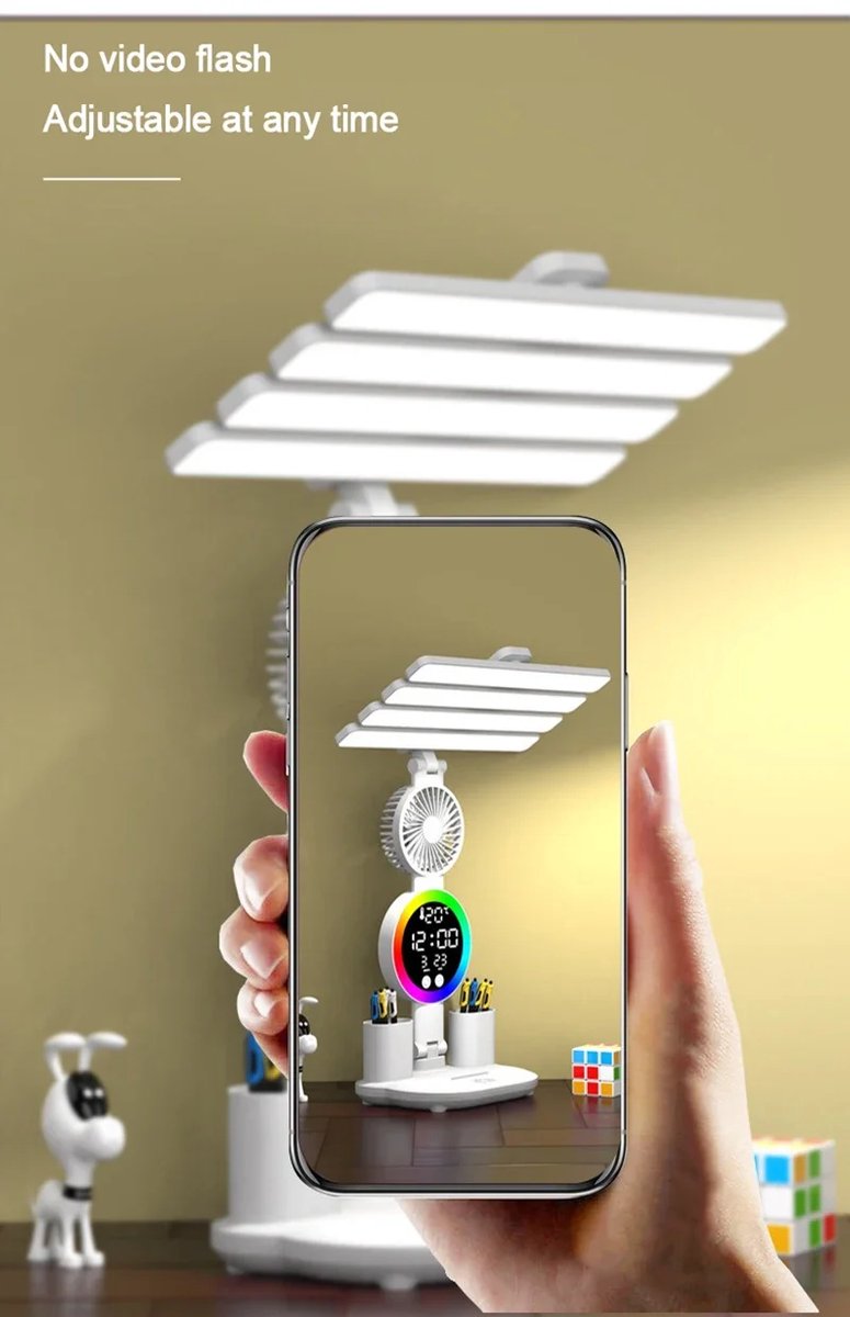 LED klok met leeslamp, Oplaadbare bureaulamp met ventilator, Multifunctionele tafellamp thumbnail 5