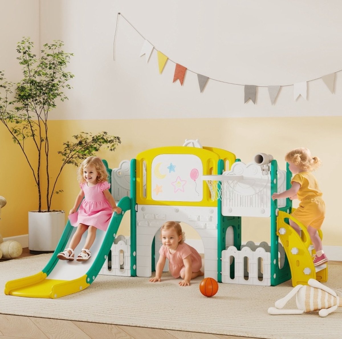 MEUNIQ 7-in-1 kinderrutsche met klimset, basketbalring, kruiptunnel, telescoop, klimwand, opbergbox en tekenbord voor binnen en buiten, geel