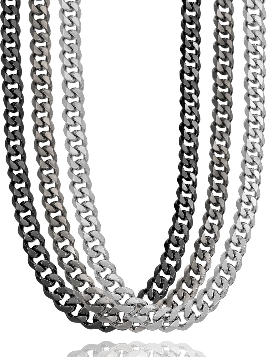 stalen pantserketting massief 45 50 55 60 cm (7 of 11 mm breed) zilver/zwart/zwart vintage (incl. sieradendoos)