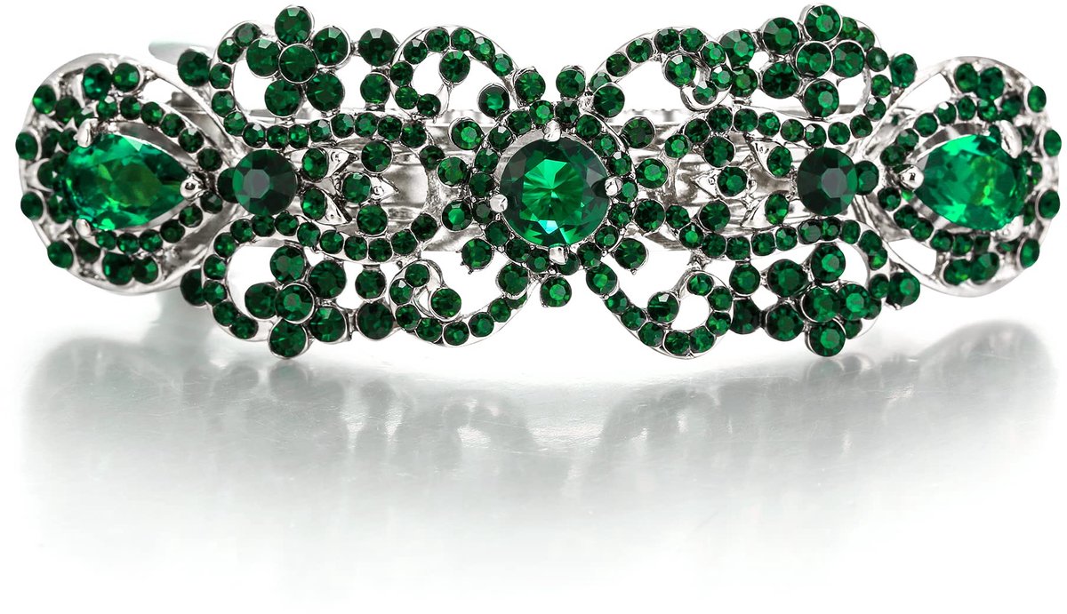 Haarspeld voor dames, Oostenrijks kristal, kubische zirkonia, art deco-bloem, druppels, haaraccessoire voor bruiloft, groen, zilverkleurig
