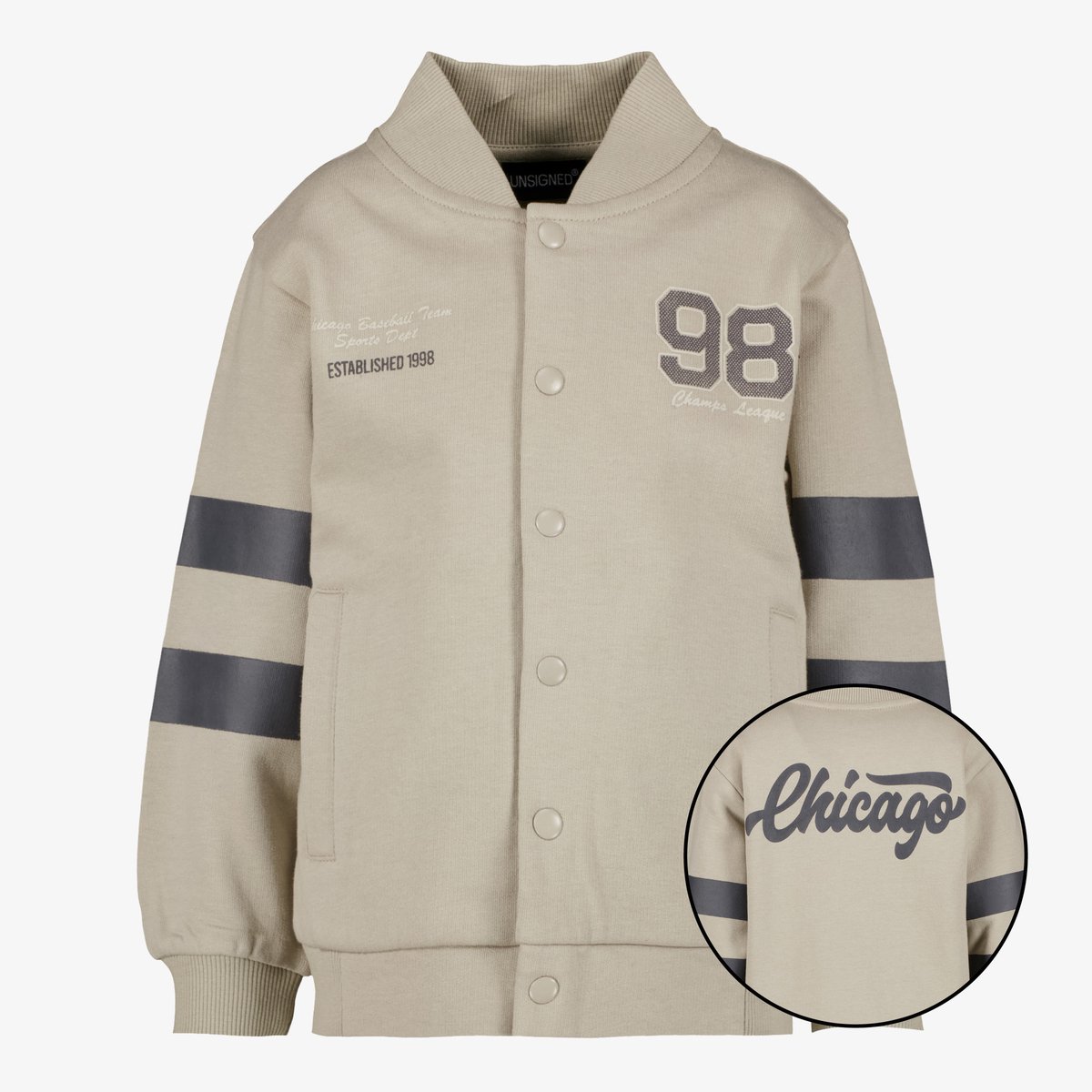 Unsigned jongens baseball vest met backprint beige - Maat 98/104