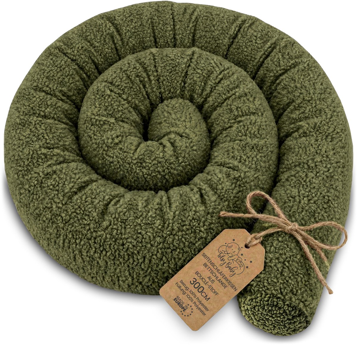 Zijslaper kussen Lichaamskussen 300 cm Bouclé - Lang kussen bed rol slaapkussen nek rol Decoratie voor kinderkamer Oeko-Tex certificaat Olijfgroen
