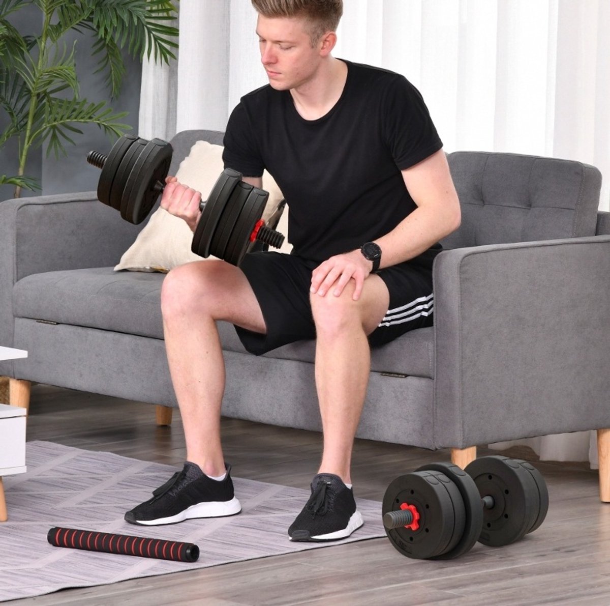 MEUNIQ 2-in-1 verstelbare halterset 20 kg met halterstang en verbindingsstang, dumbbellset voor krachttraining thuis, op kantoor of in de fitnessruimte, zwart