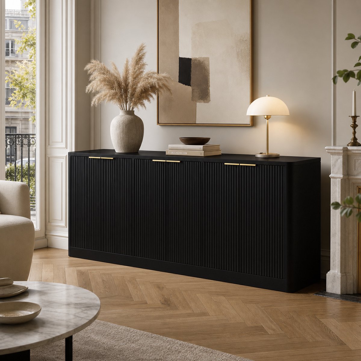 KOMHTOM - Modern dressoir met golvende vorm en gebogen contourontwerp - kast met 6 deuren en opbergfunctie - geschikt voor keuken/slaapkamer/woonkamer - zwart - 170x40x70,5 cm