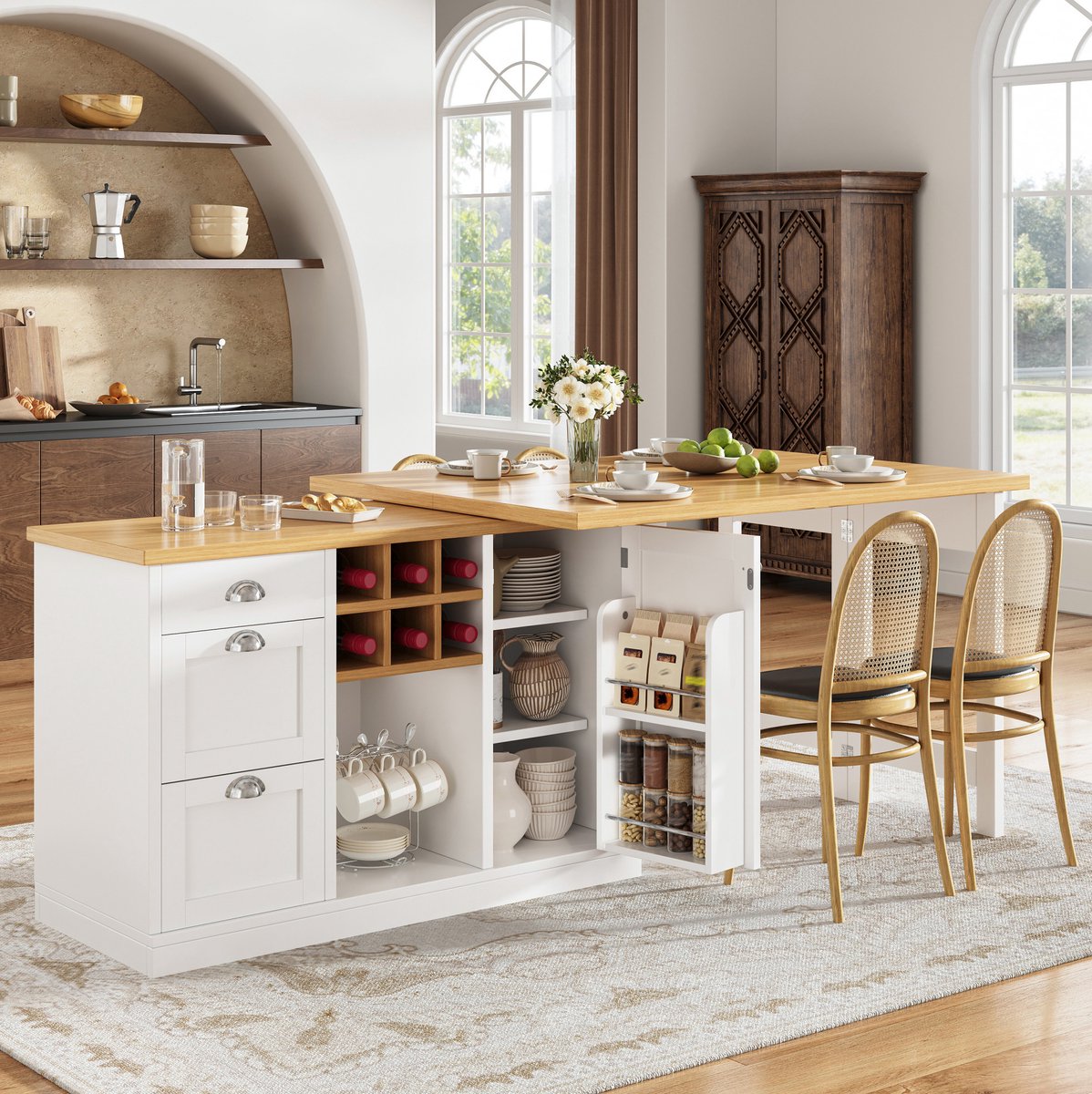 MIVRAY Bartafel - Uitschuifbaar En Opklapbaar Met Opbergruimte En Wijnrek - Voor Keuken En Eethoek - MDF Wit - 120-197x40x74 Cm