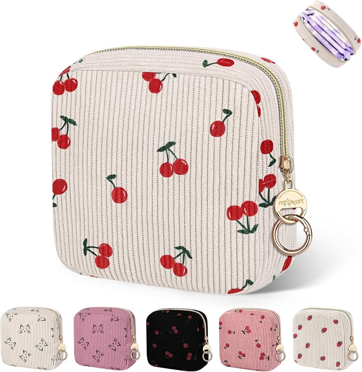Maandverband Opbergtas - Menstruatie Pouch - Hygiënisch Opbergen - Corduroy Materiaal - 14 x 14 x 47 cm - Beige Kersen