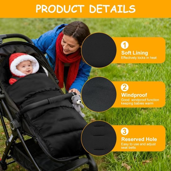 Voetenzak voor kinderwagen - 80×40CM - Voetenzak Buggy - Baby Voetenzak - Voetenzak voor Autostoel - Waterdichte voetenzak - Waterdicht en koudebestendig - Voor kinderwagen, buggy en wandelwagen - Zwart — afbeelding 2