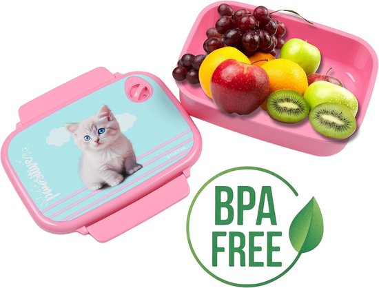 Ontbijtbox Katje - Broodtrommel Kinderen - Lunch Meenemen - Dubbele Slot - 18 x 13 x 6 cm - Roze — afbeelding 5
