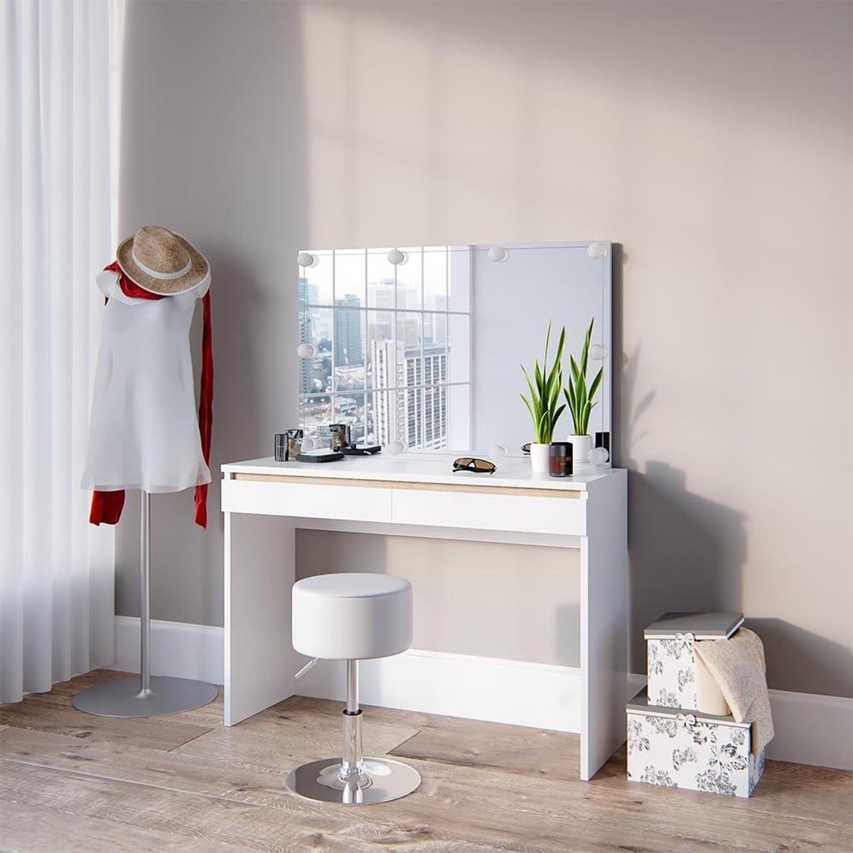 Kaptafel met Kruk - Make-uptafel Cosmetica Station - Make-up Aanbrengen - Geïntegreerd LED-licht - 120 cm Breed - Wit