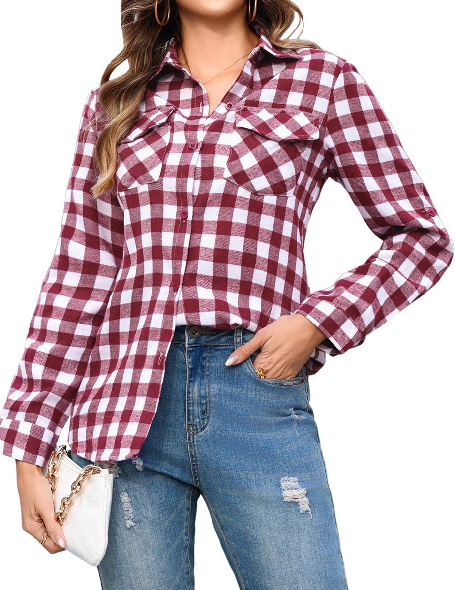 Katoenen overhemd voor dames, geruit, lange mouwen, button-down, V-hals, geruit, tuniek, top, hemd, T-shirt, casual, vrije tijd, zomer, blouseshirt