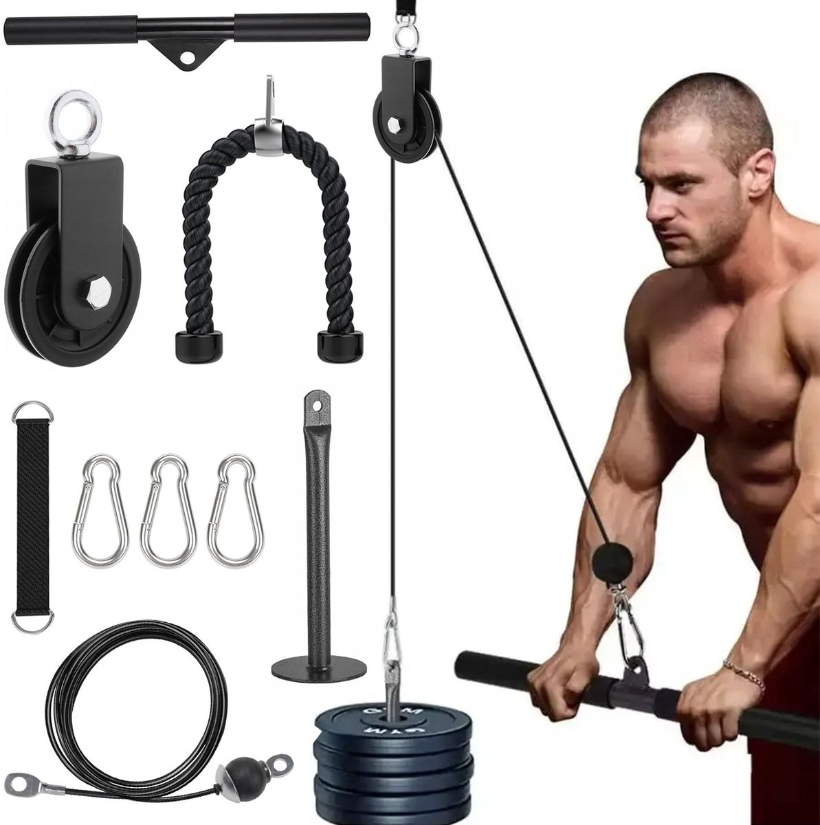 kabeltrek fitness, kabeltrek DIY katrolsysteem, kabeltrek fitness met tricepskabel en rechte staaf, rug-arm trainingsapparaat homegym workoutuitrusting