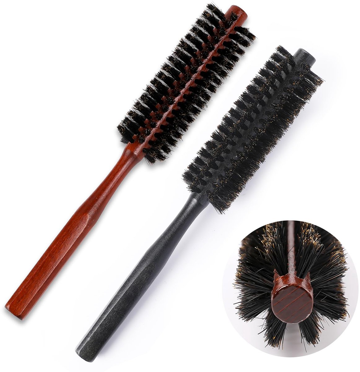 ronde haarborstel, set van 2 natuurlijke zwijnenharen, haarborstel met houten handvat, mini reizen, draagbare cirkelvormige ontluchtingsborstel voor vrouwen, dun, kort, nat, herstellende