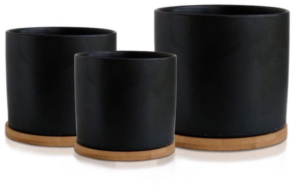 Plantenpotten met Bamboe Onderzetters Indoor Plantenbakken Witte Pot Ser Keramische Bloempotten Containers Outdoor Groot, Medium, Klein met schotels