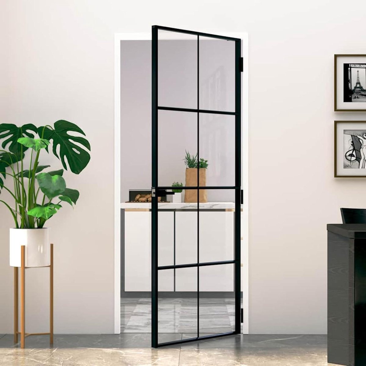 Binnendeur Glas Aluminium - Glazen Deur Binnen - Kamer Afscheiden - Gehard Glas - 83x2015 cm - Zwart