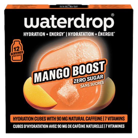 Waterdrop Mango Boost, zero sugar, 12 porties. Hydratatieblokjes met 90 mg natuurlijke cafeïne en 7 vitamines.