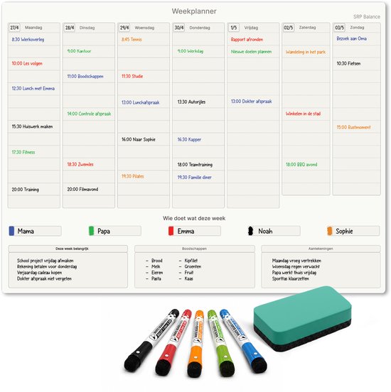 Magnetische weekplanner A3, gevuld met afspraken en taken voor het gezin. Op de achtergrond liggen 5 markers en een gum.
