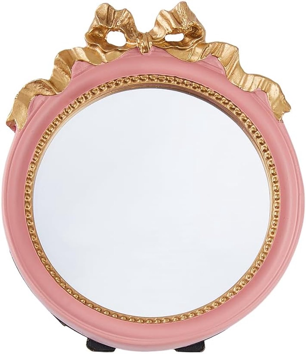 1 stuk kleine vintage bureauspiegel, ronde draagbare lusspiegel, 12,1 x 10,6 cm, roze hars, strikspiegel, ronde tafelspiegel voor vrouwen, make-up, make-uptafel, slaapkamer