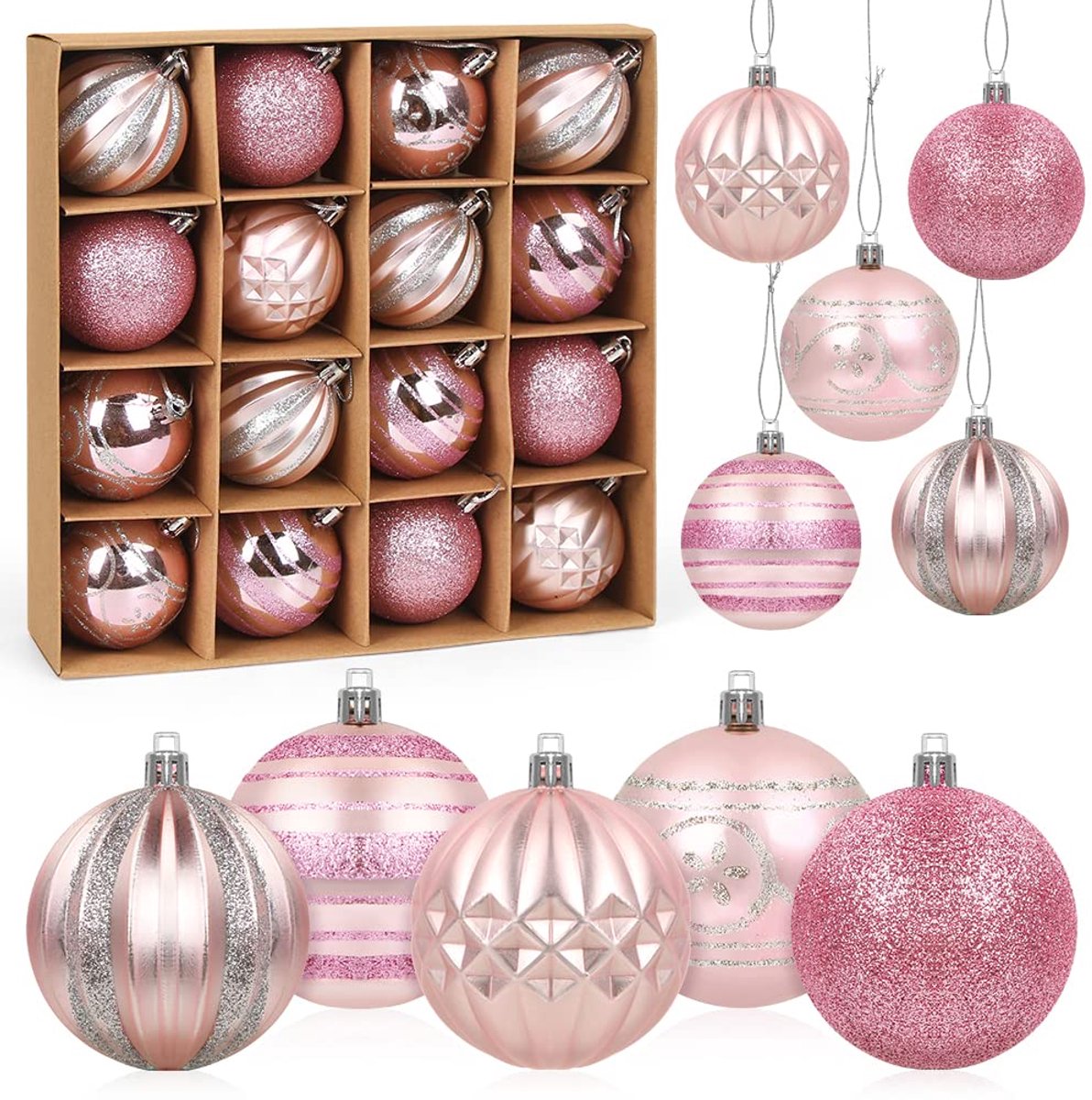 Kerstballen roze rosé goud, 16 stuks kerstballen 6 cm, kerstboomversieringen, kerstboomversieringen, onbreekbare kerstballen voor feestdecoratie