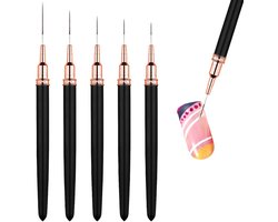 5 stuks dunne Nail Liner penselen, dunne Nail art penselen, voor lange lijnen, details, fijne tekening nagel dotting teken gereedschap set 7mm/9mm/11mm/15mm/25mm (zwart)