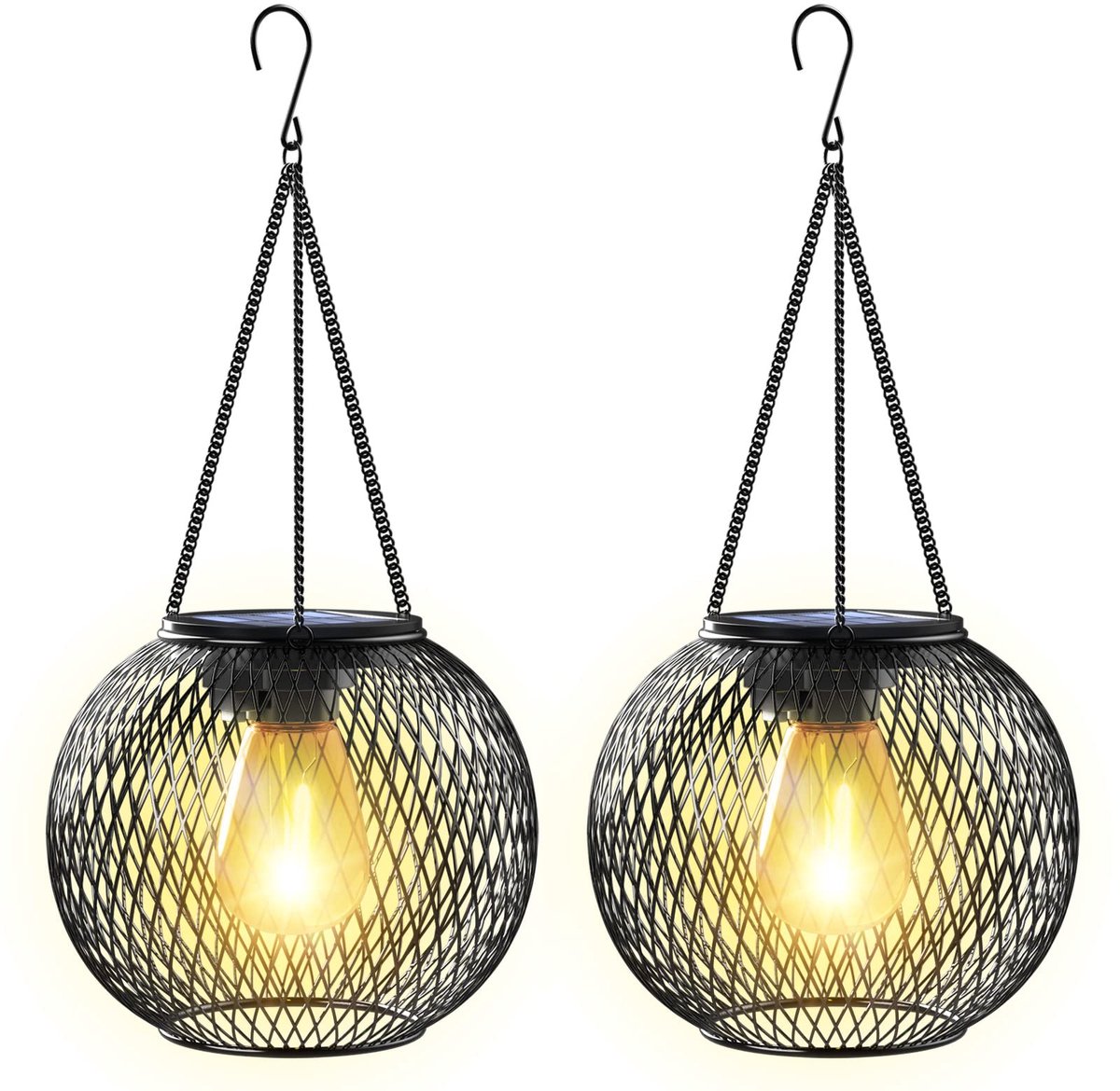 Solarlampen voor buiten, hangend, 4 stuks metalen lantaarns op zonne-energie met retro wolfraamdraad, IP65 tuindecoratie, weerbestendig, zonnelampen tuin met haak en ketting voor terras