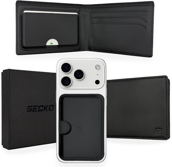 Gecko MagSafe Wallet - 2-in-1 MagSafe Portemonnee - Uitneembare Magnetische Pasjeshouder - Echt Leer - RFID Beschermd - Geschikt voor iPhone MagSafe & Android - Zwart